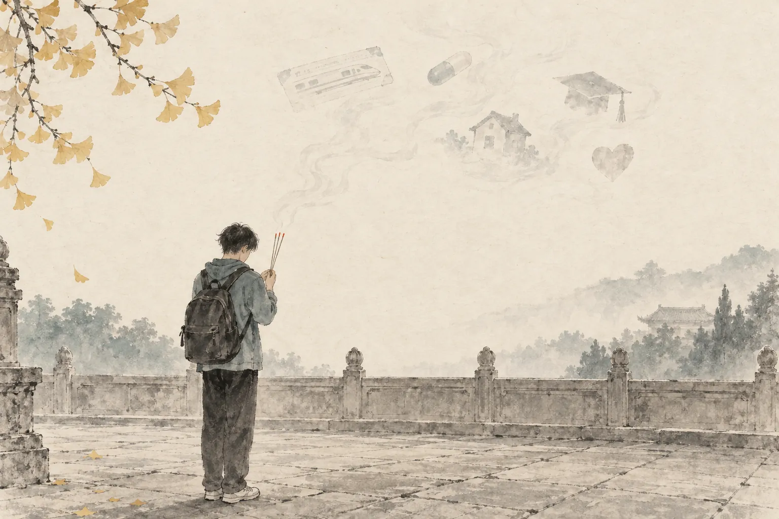 一个背着书包的年轻人站在石栏边，双手持香低头。香烟升起，隐约化成车票、药丸、学位帽、房子和一颗心。